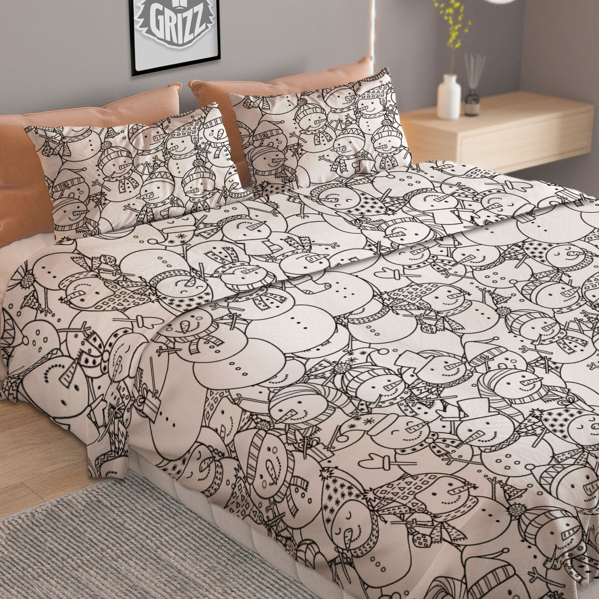 Snowman White And Black Print Pattern Duvet Cover Bedding Set