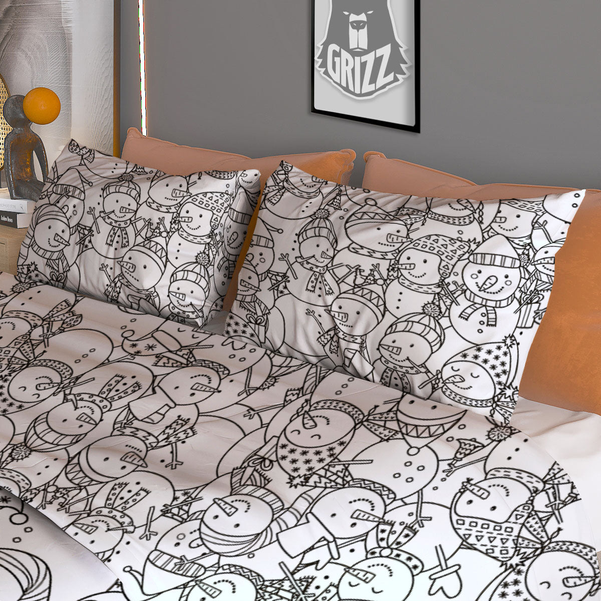 Snowman White And Black Print Pattern Duvet Cover Bedding Set