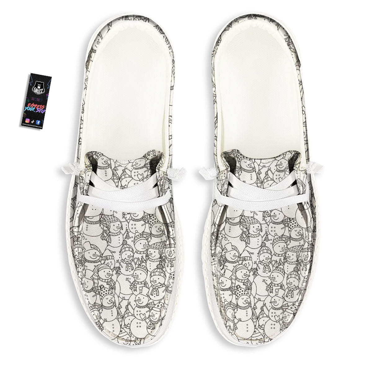 Snowman White And Black Print Pattern White Loafers-grizzshop