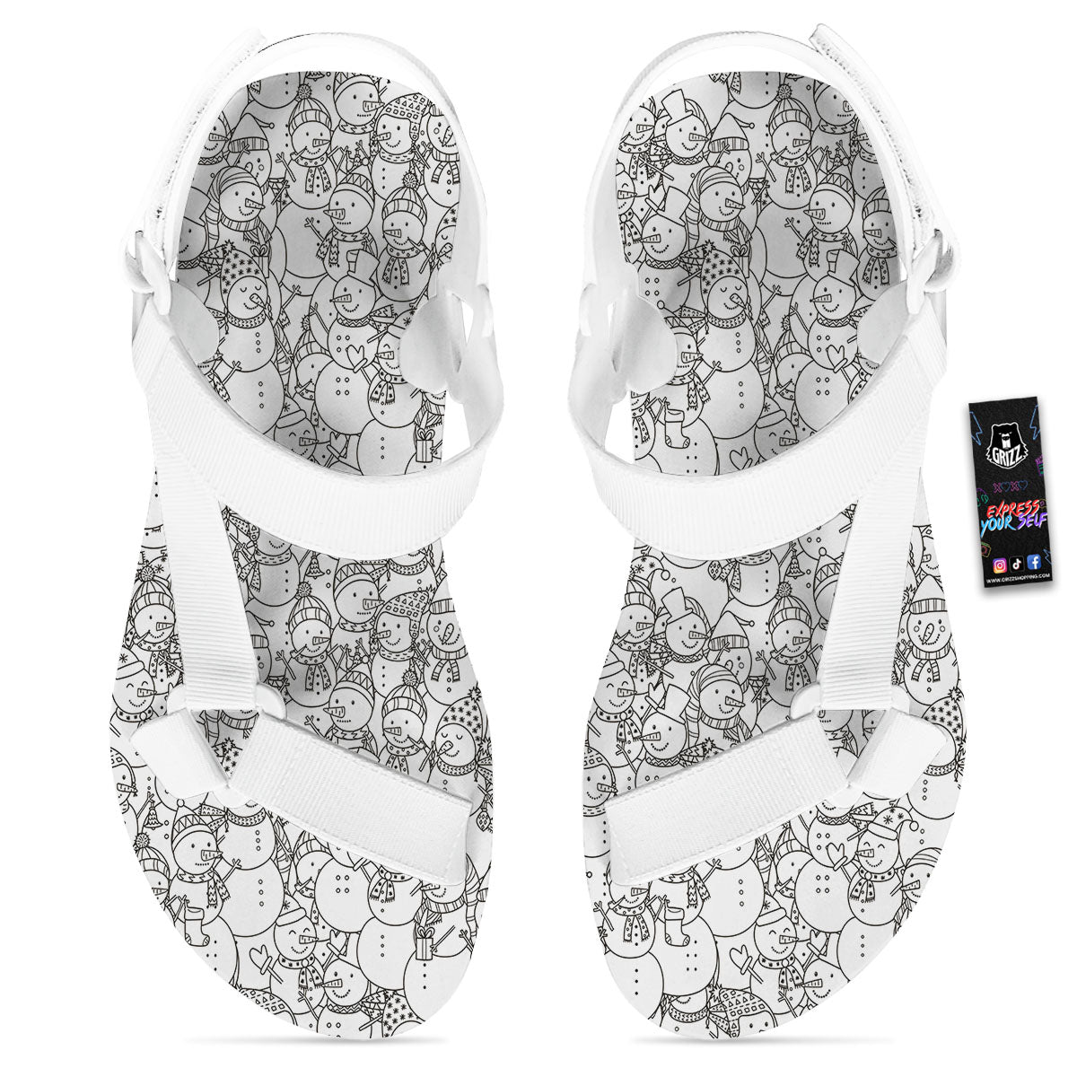 Snowman White And Black Print Pattern White Open Toe Sandals-grizzshop