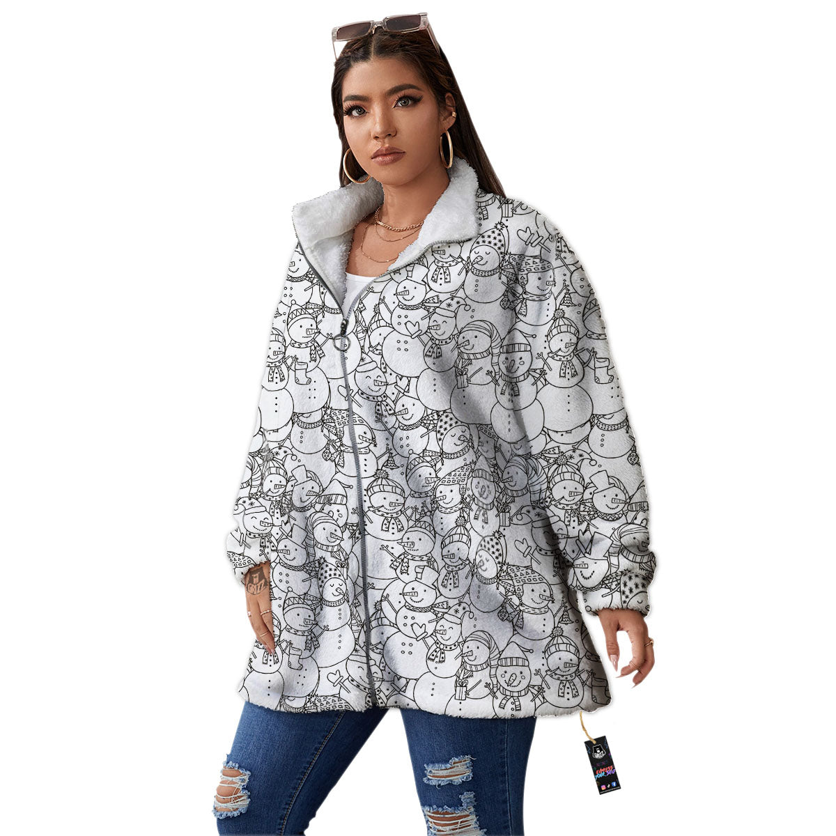 Snowman White And Black Print Pattern Women's Sherpa Jacket-grizzshop