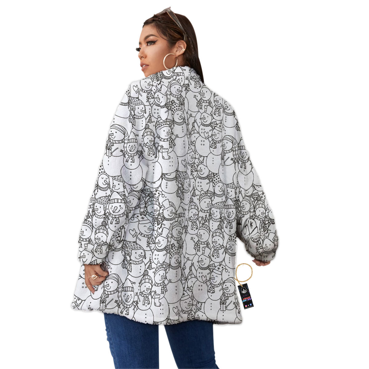 Snowman White And Black Print Pattern Women's Sherpa Jacket-grizzshop