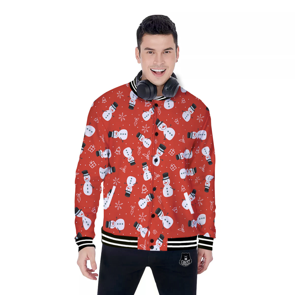 Snowman Xmas Print Pattern Baseball Jacket-grizzshop