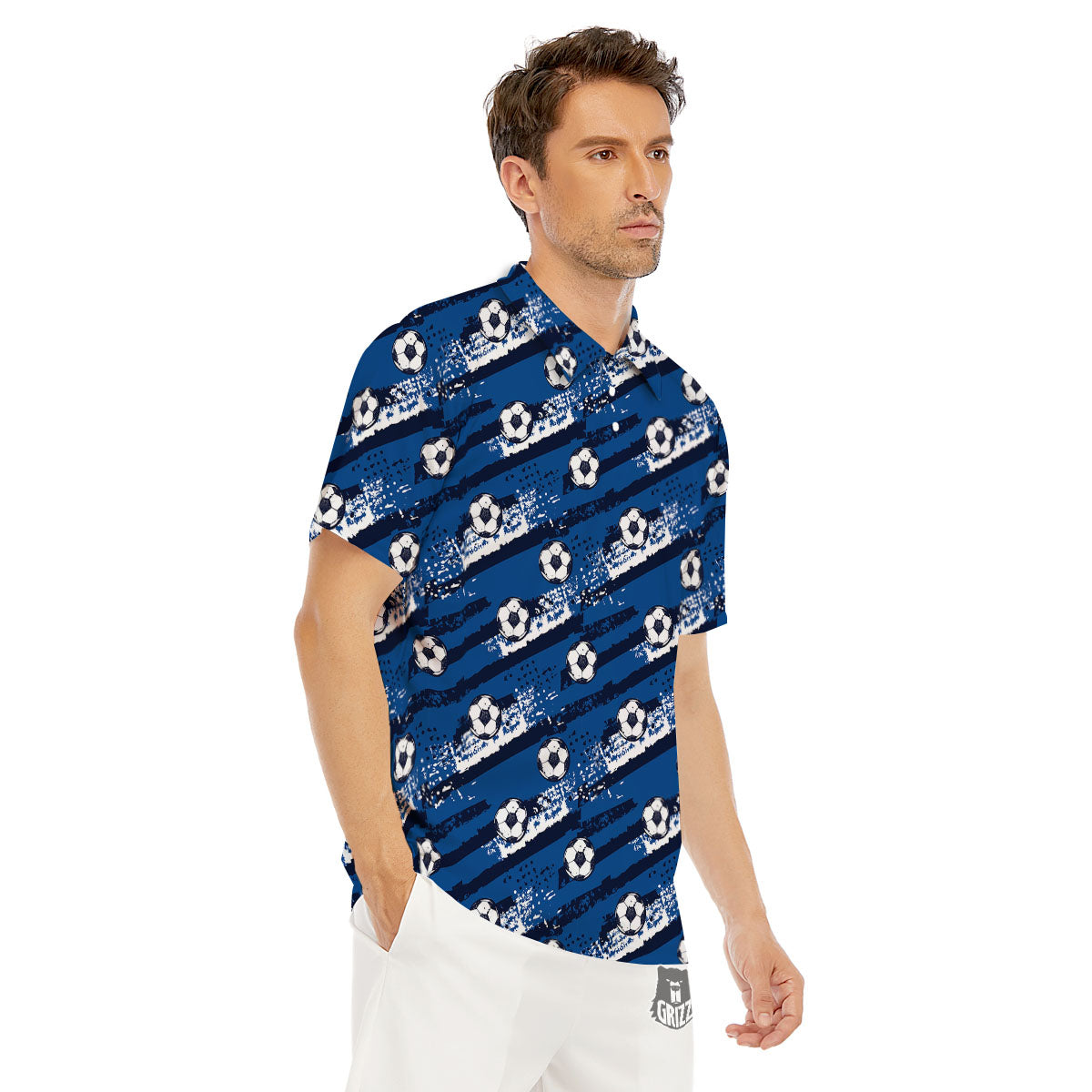 Soccer Ball Blue Print Pattern Men's Golf Shirts-grizzshop