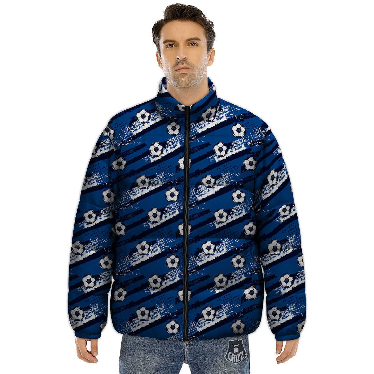 Soccer Ball Blue Print Pattern Puffer Jacket-grizzshop