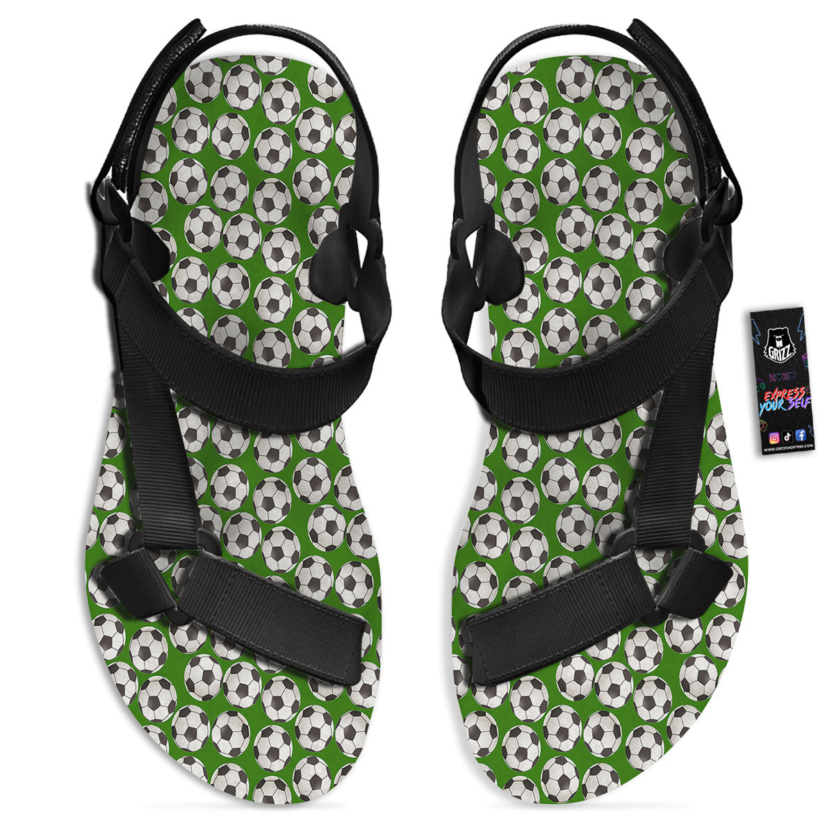 Soccer Ball Green Print Pattern Black Open Toe Sandals-grizzshop