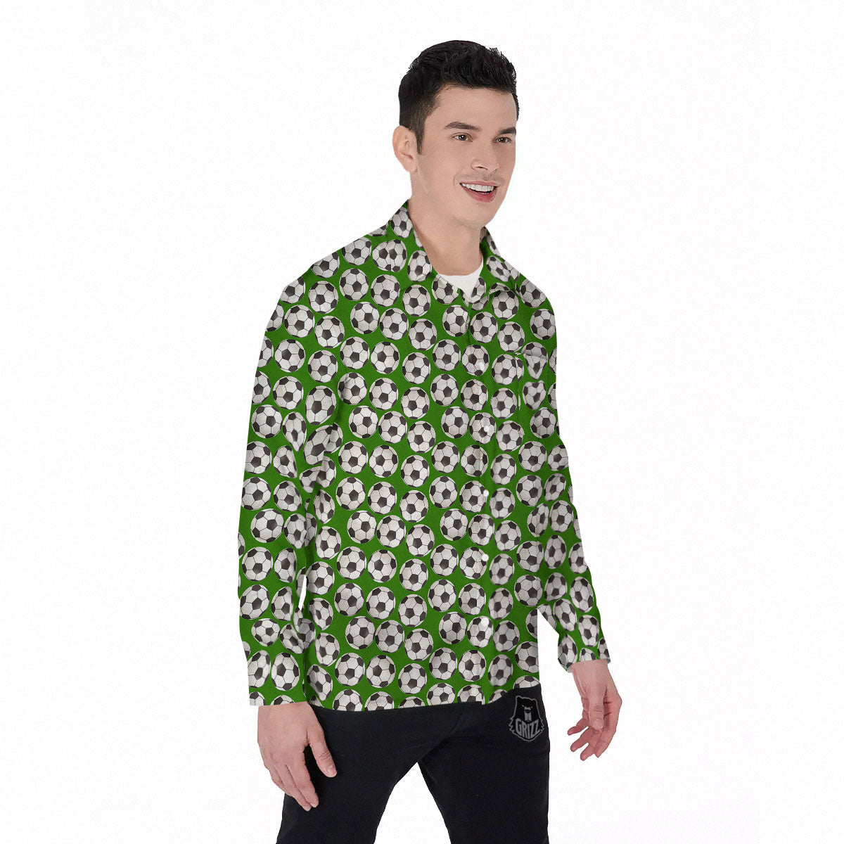 Soccer Ball Green Print Pattern Men's Long Sleeve Shirts-grizzshop