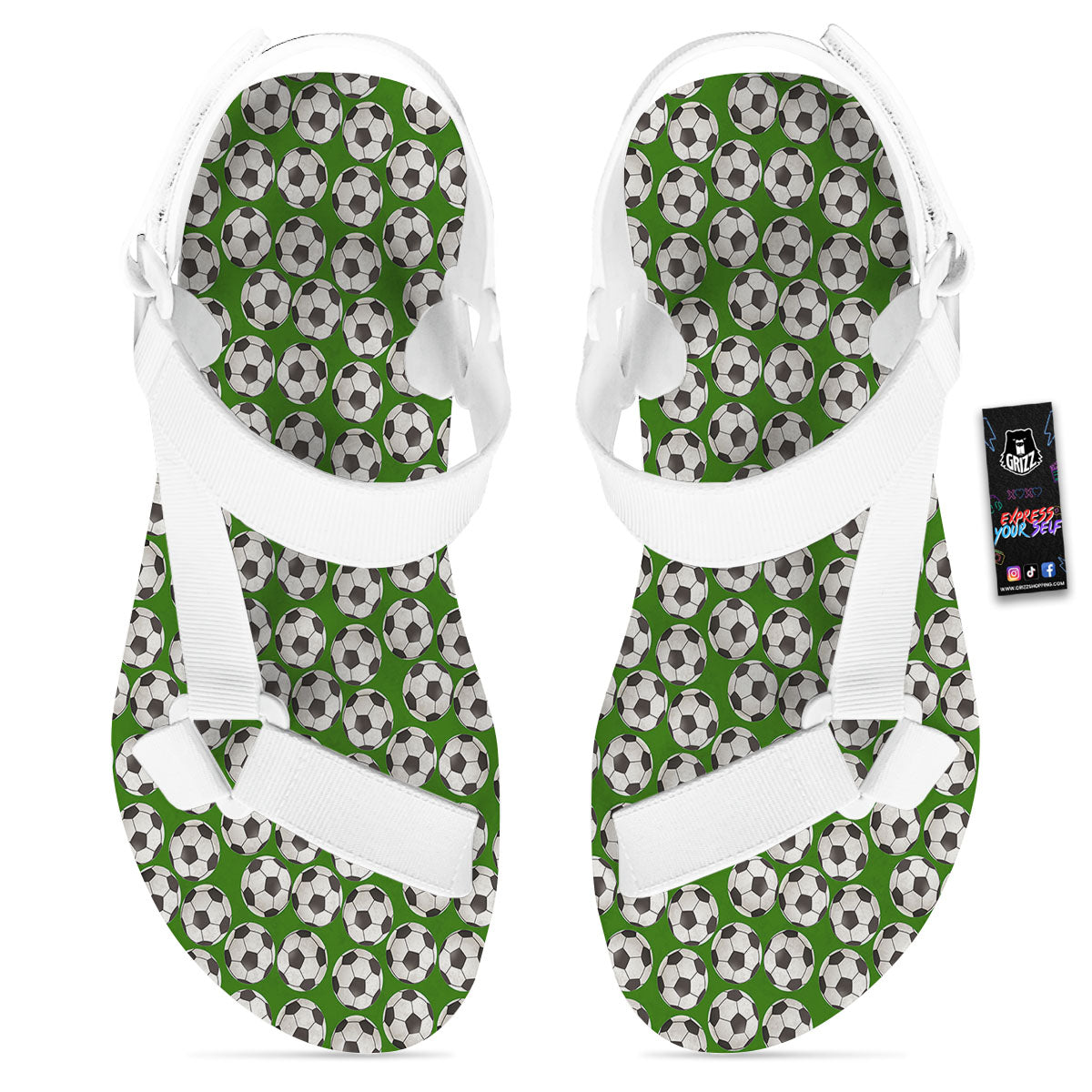 Soccer Ball Green Print Pattern White Open Toe Sandals-grizzshop
