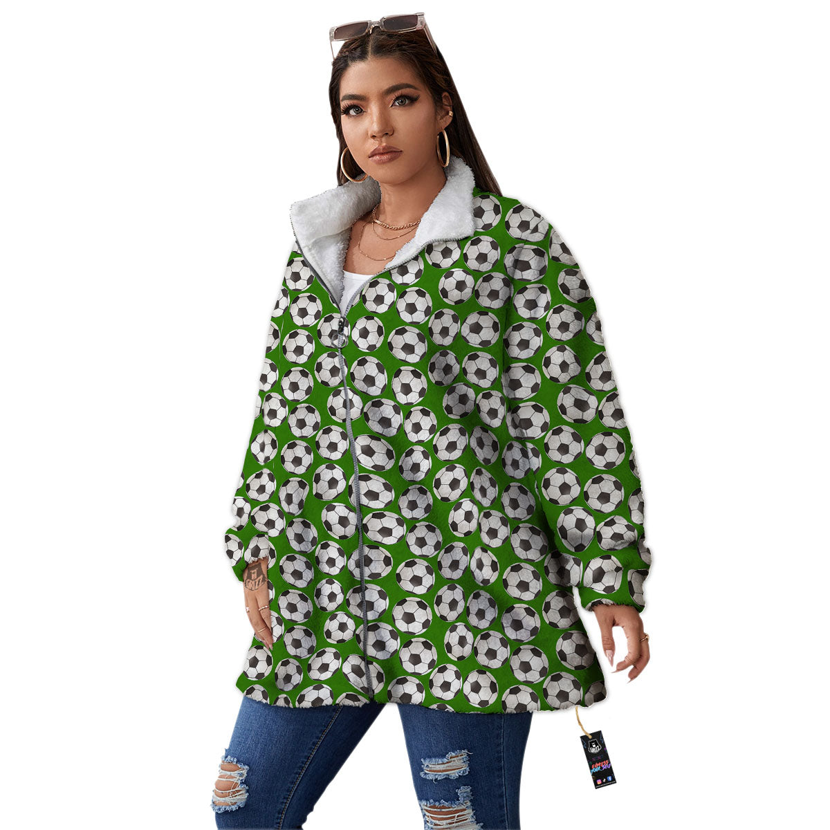 Soccer Ball Green Print Pattern Women's Sherpa Jacket-grizzshop