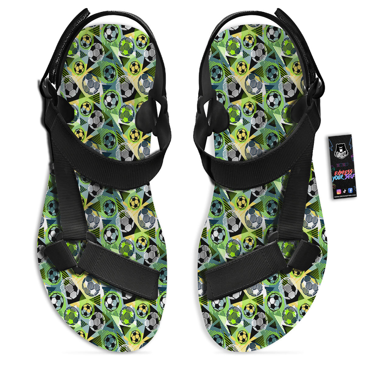 Soccer Ball Grunge Print Pattern Black Open Toe Sandals-grizzshop