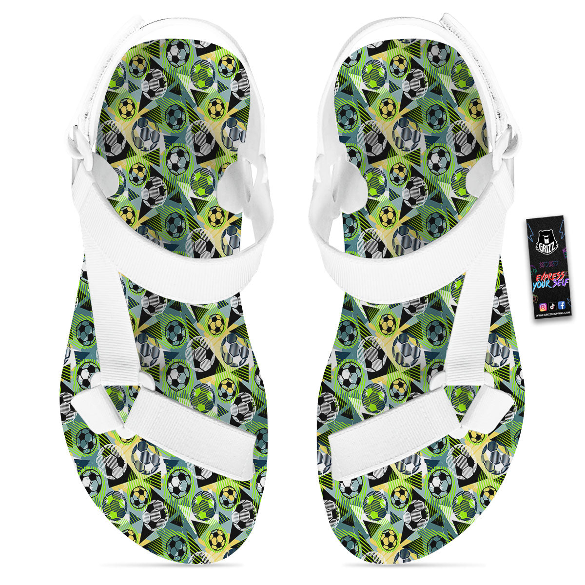 Soccer Ball Grunge Print Pattern White Open Toe Sandals-grizzshop