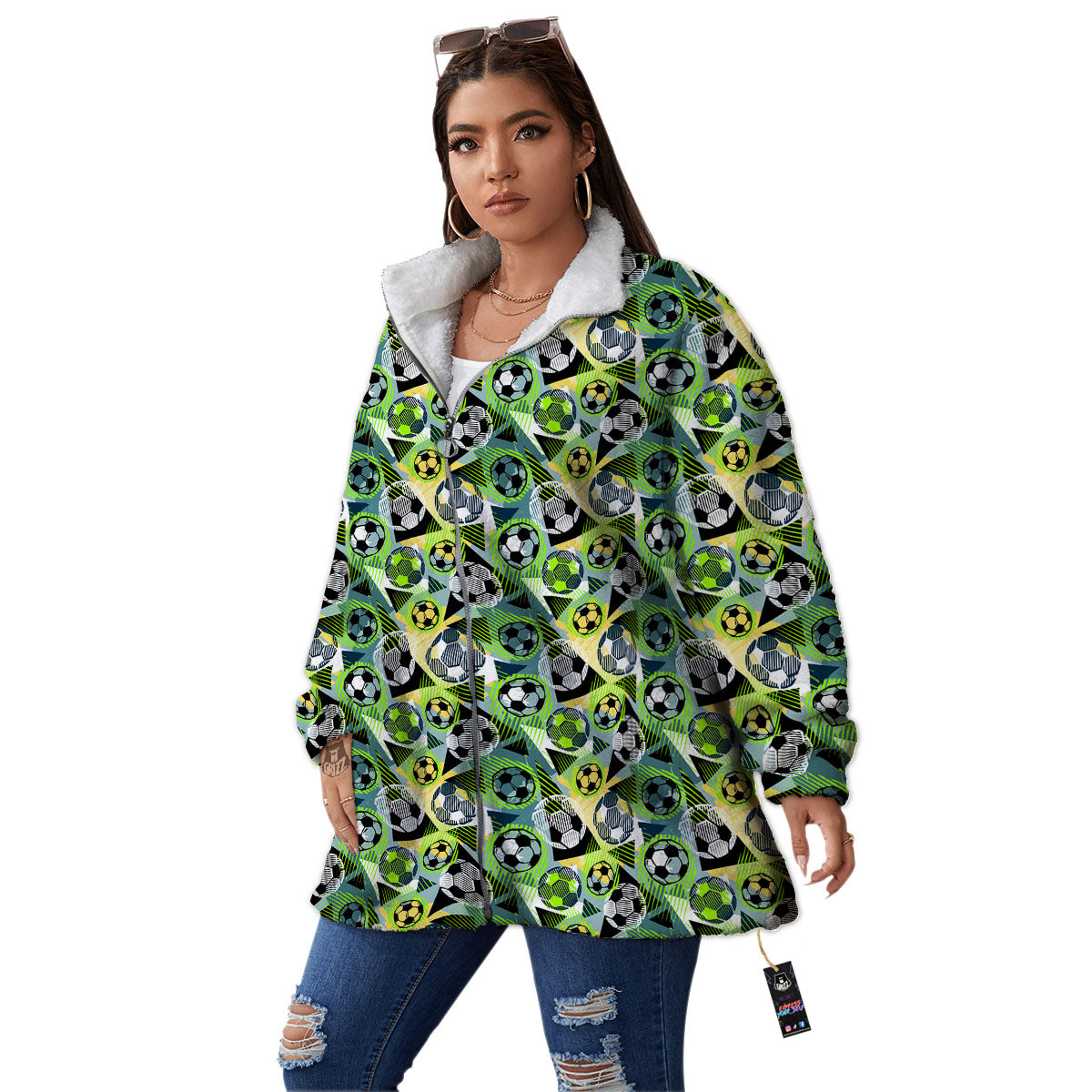 Soccer Ball Grunge Print Pattern Women's Sherpa Jacket-grizzshop