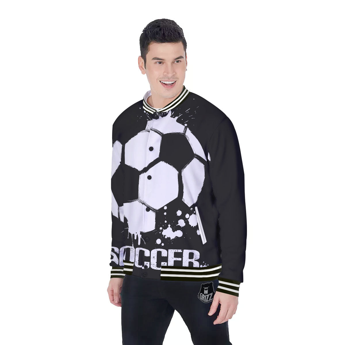 Soccer Ball White And Black Print Baseball Jacket-grizzshop