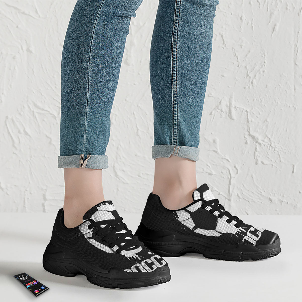 Soccer Ball White And Black Print Black Chunky Shoes-grizzshop