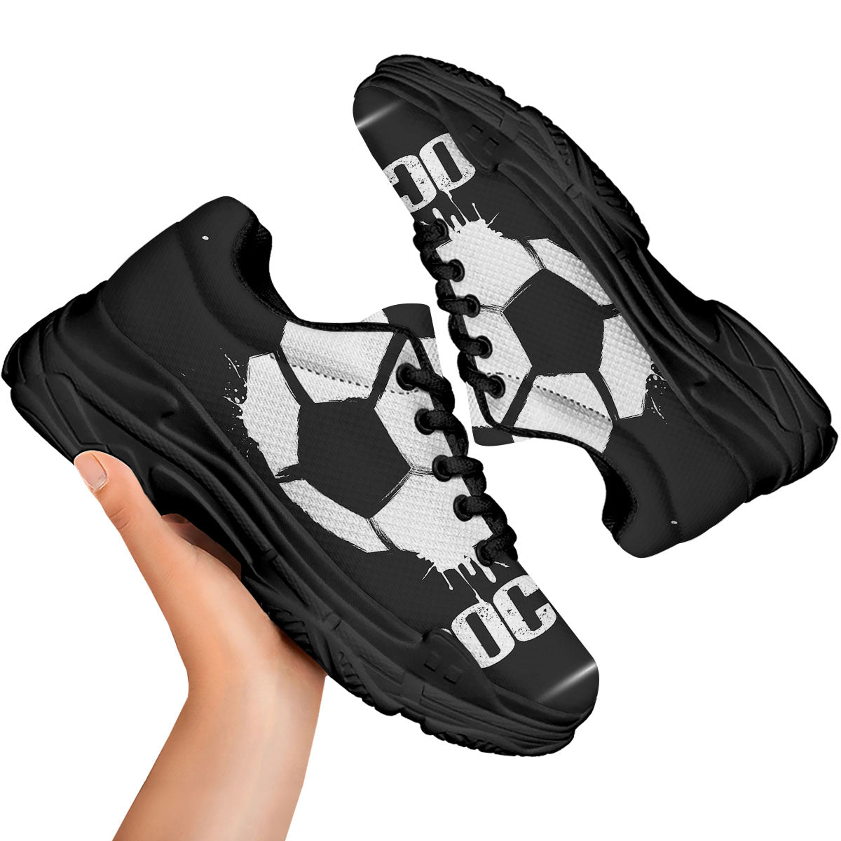 Soccer Ball White And Black Print Black Chunky Shoes-grizzshop