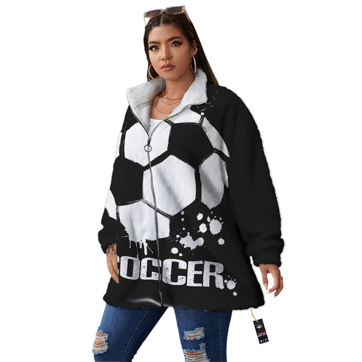 Soccer Ball White And Black Print Women's Sherpa Jacket-grizzshop