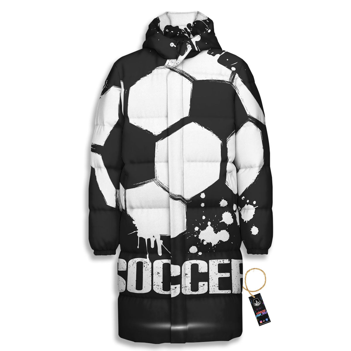 Soccer Ball White And Black Print Long Down Jacket