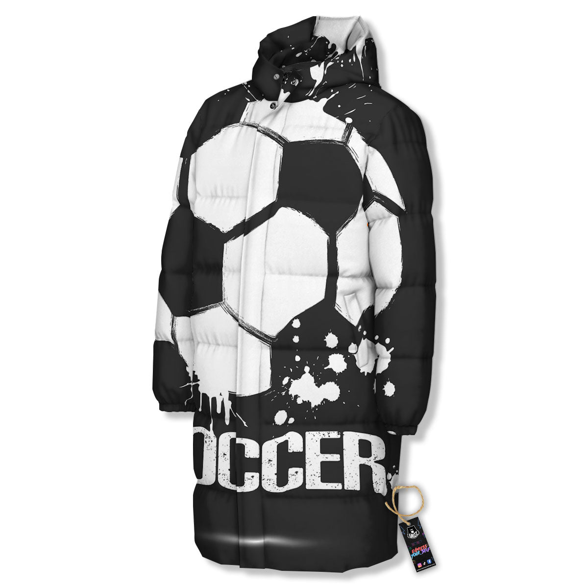 Soccer Ball White And Black Print Long Down Jacket
