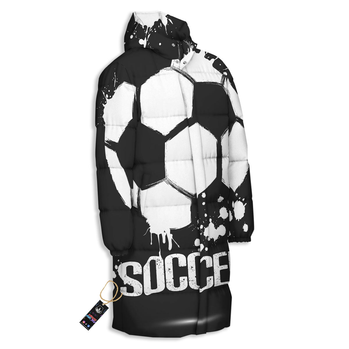 Soccer Ball White And Black Print Long Down Jacket