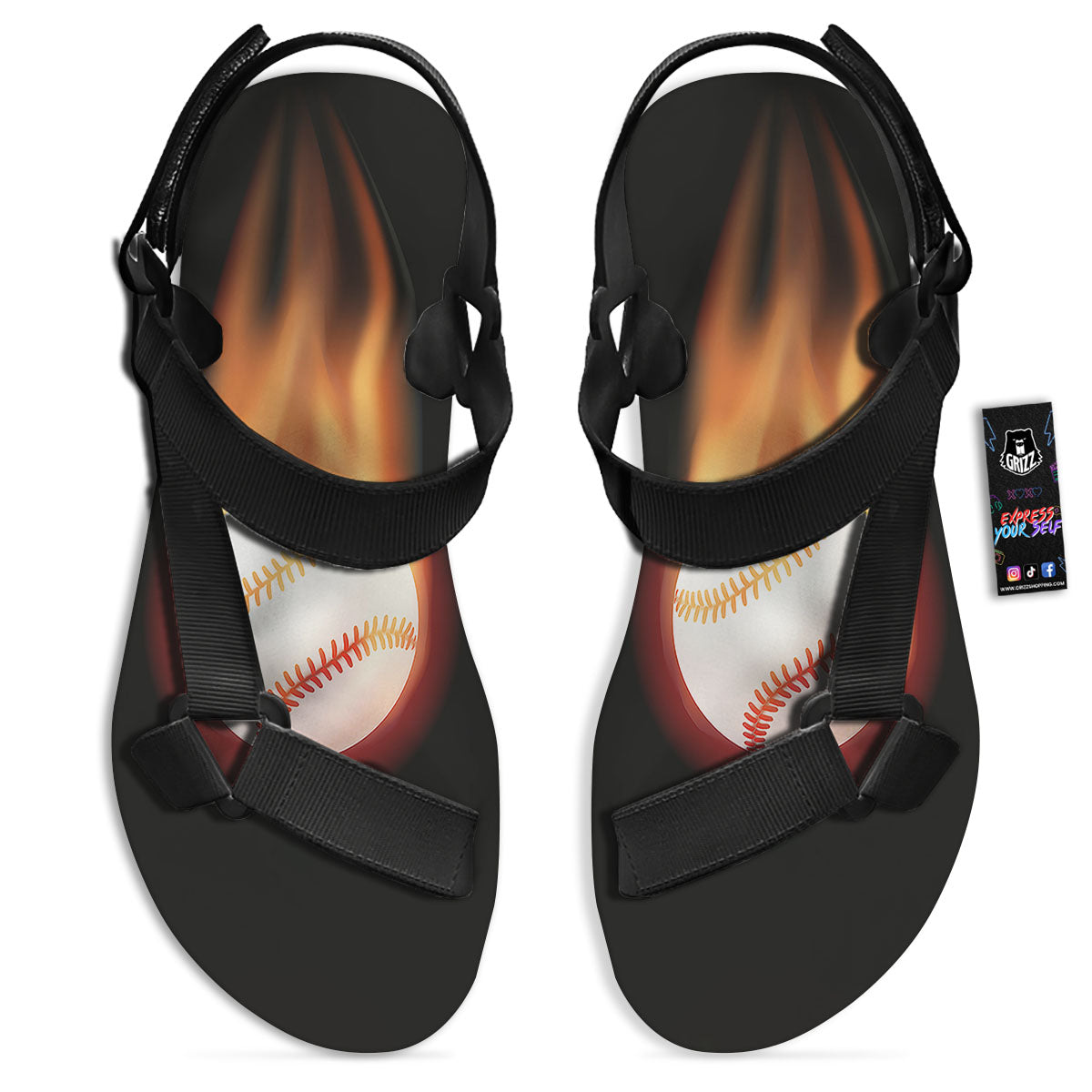 Softball Fireball Print Black Open Toe Sandals-grizzshop