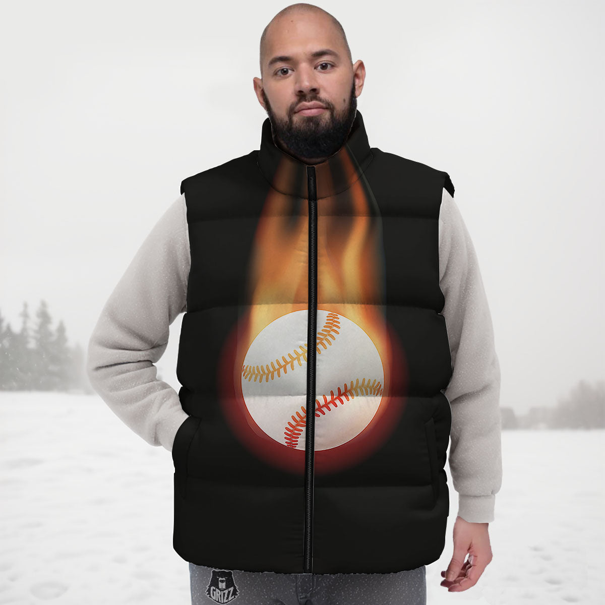 Softball Fireball Print Down Vest-grizzshop