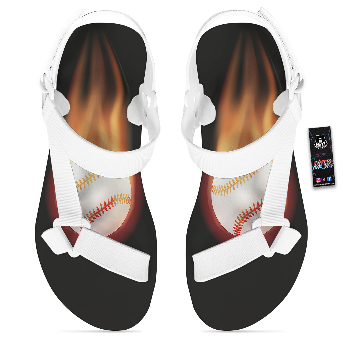 Softball Fireball Print White Open Toe Sandals-grizzshop