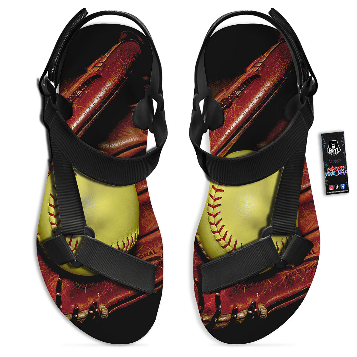 Softball Yellow Print Black Open Toe Sandals-grizzshop