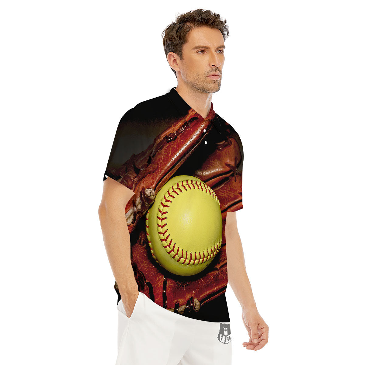 Softball Yellow Print Men's Golf Shirts-grizzshop