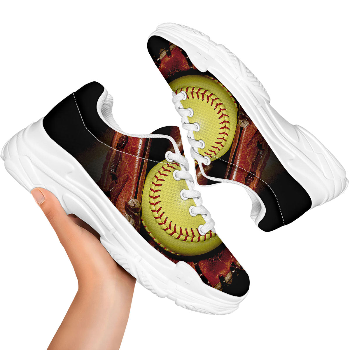 Softball Yellow Print White Chunky Shoes-grizzshop