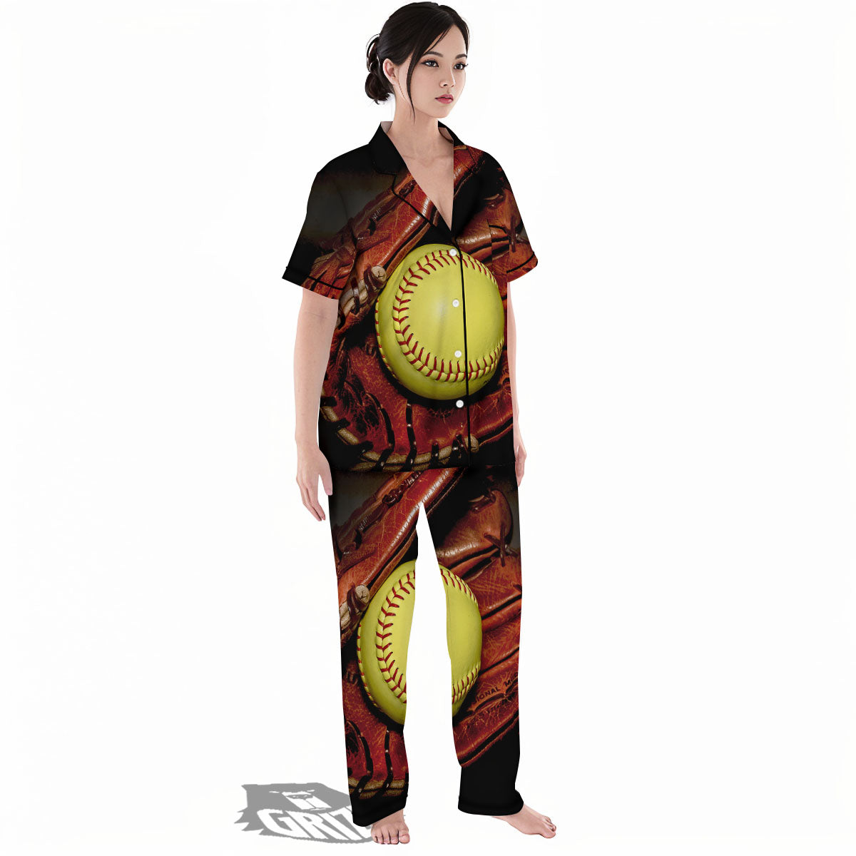 Softball Yellow Print Women's Pajamas Set-grizzshop