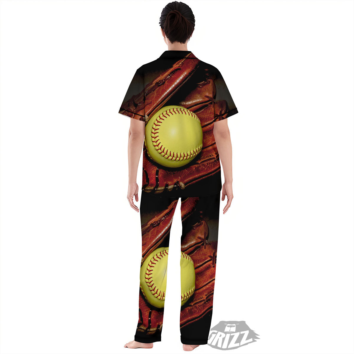Softball Yellow Print Women's Pajamas Set-grizzshop