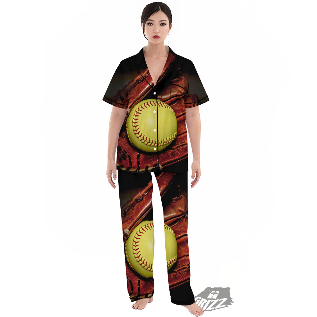 Softball Yellow Print Women's Pajamas Set-grizzshop