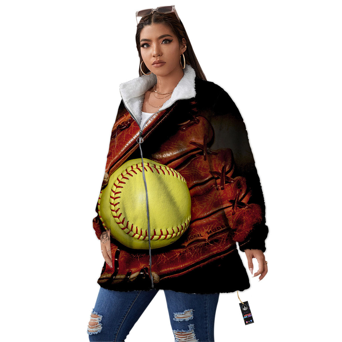 Softball Yellow Print Women's Sherpa Jacket-grizzshop