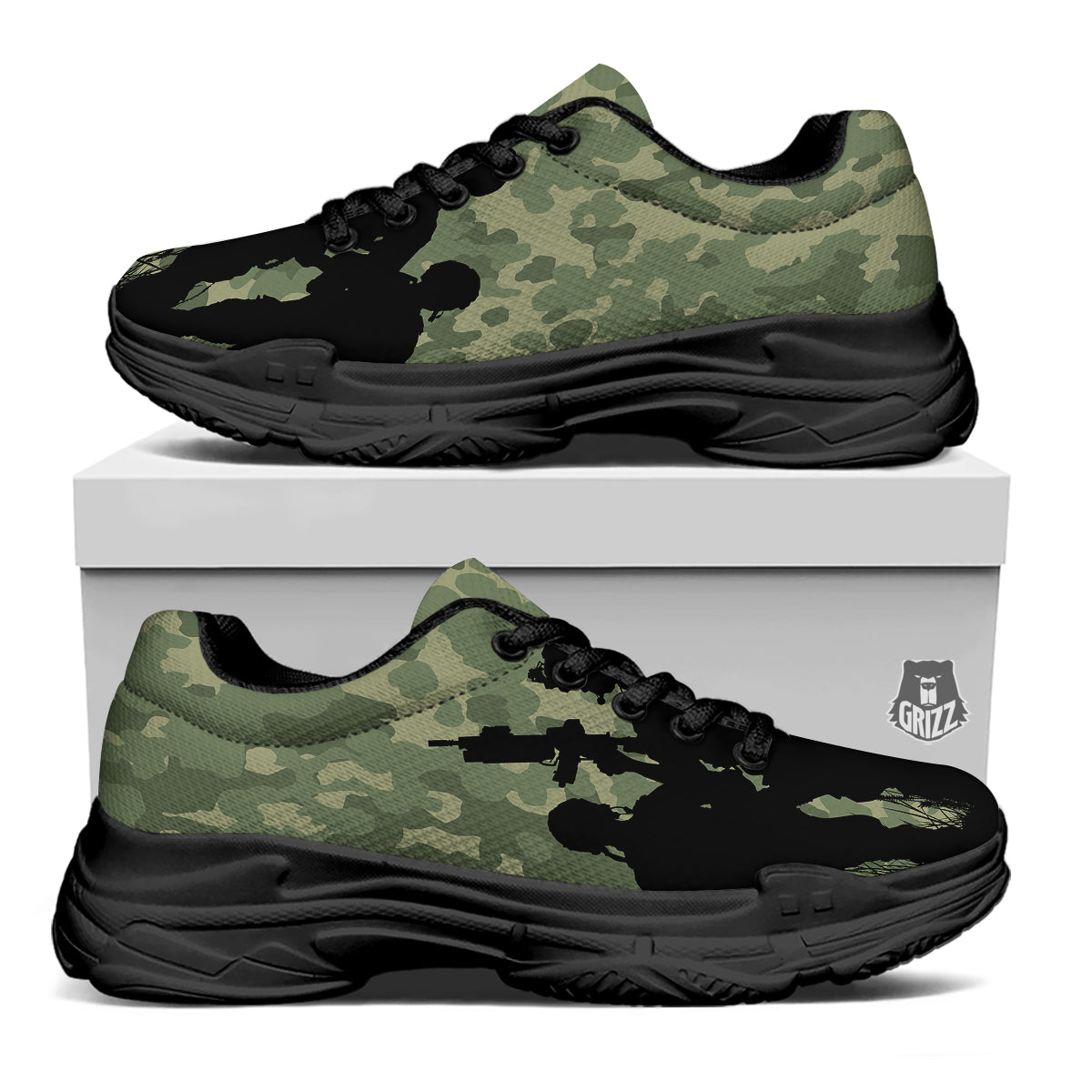 Soldiers And Camouflage Print Black Chunky Shoes-grizzshop