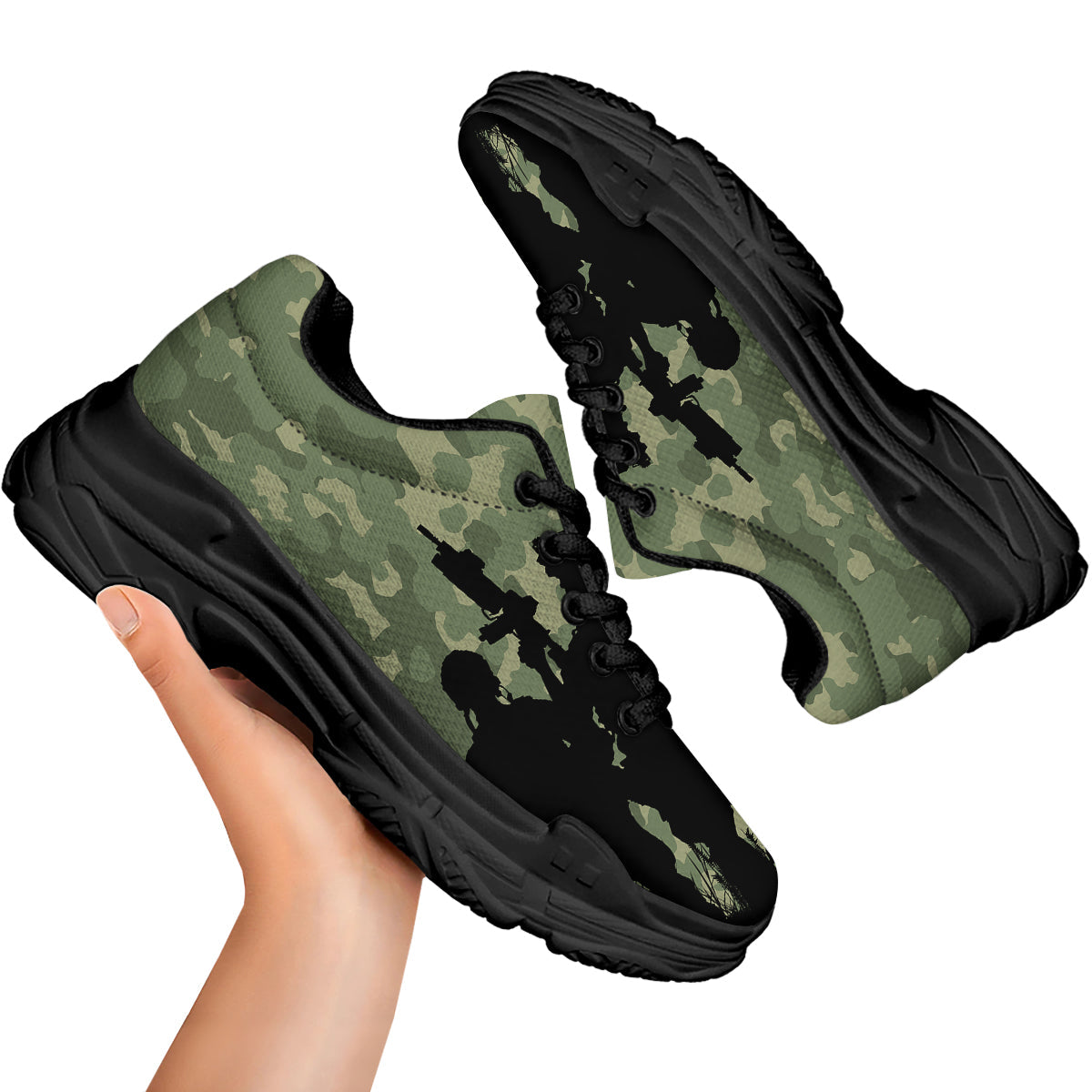Soldiers And Camouflage Print Black Chunky Shoes-grizzshop