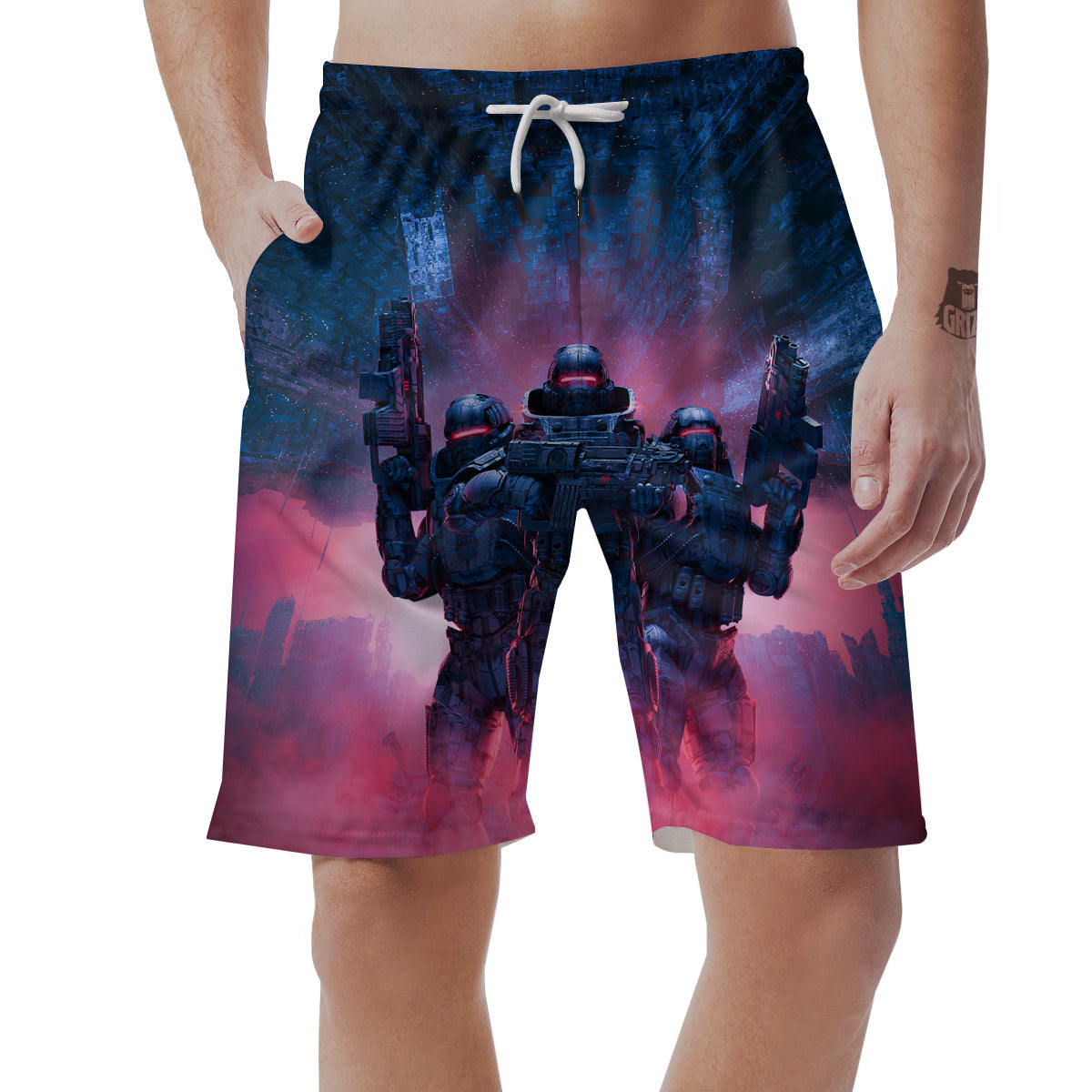 Soldiers Cyberpunk Print Men's Shorts-grizzshop