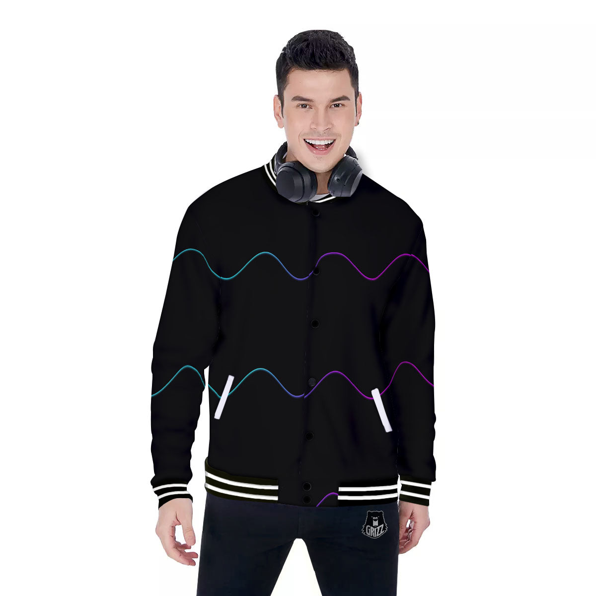 Sound Wave Teal And Purple Black Print Baseball Jacket-grizzshop