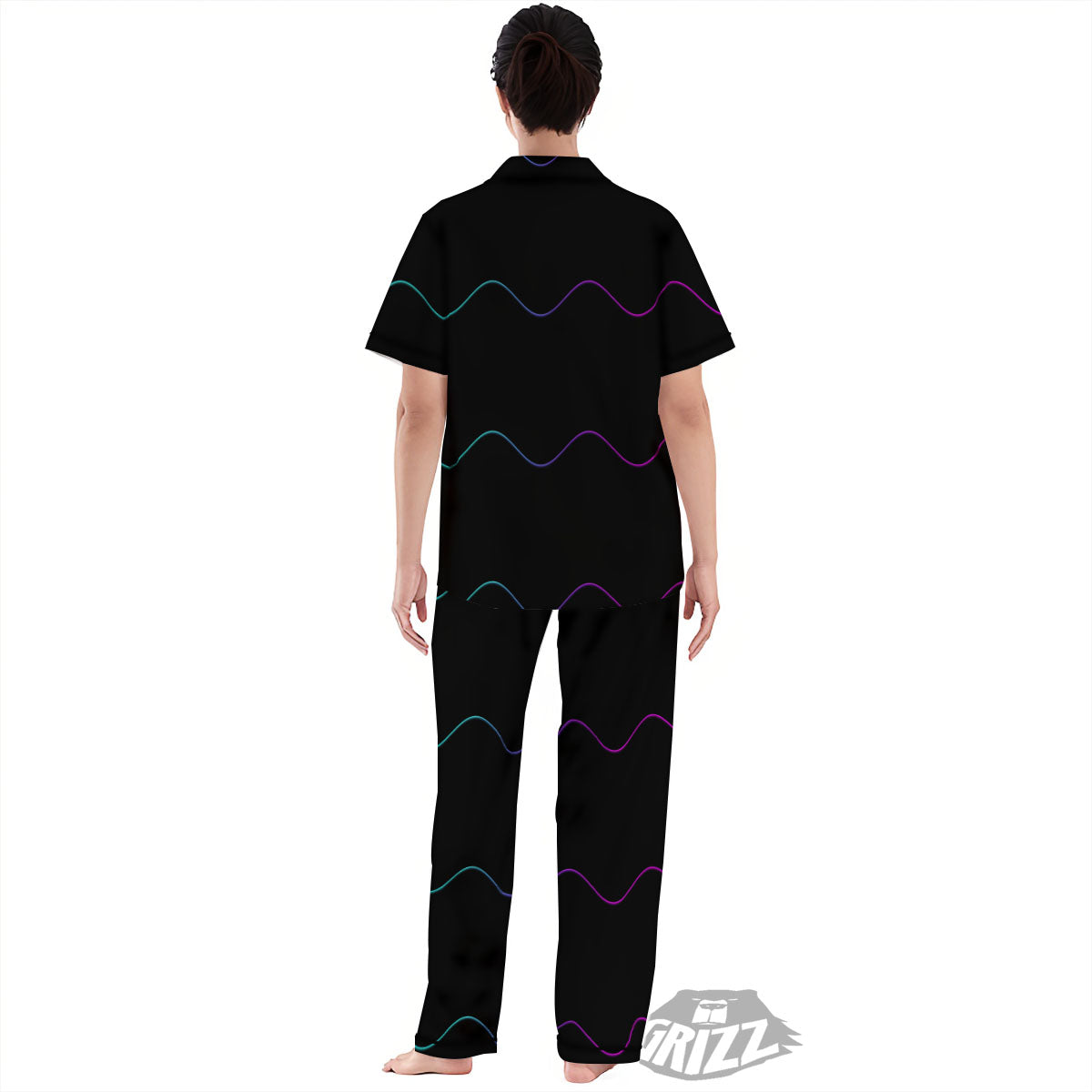 Sound Wave Teal And Purple Black Print Women's Pajamas Set-grizzshop