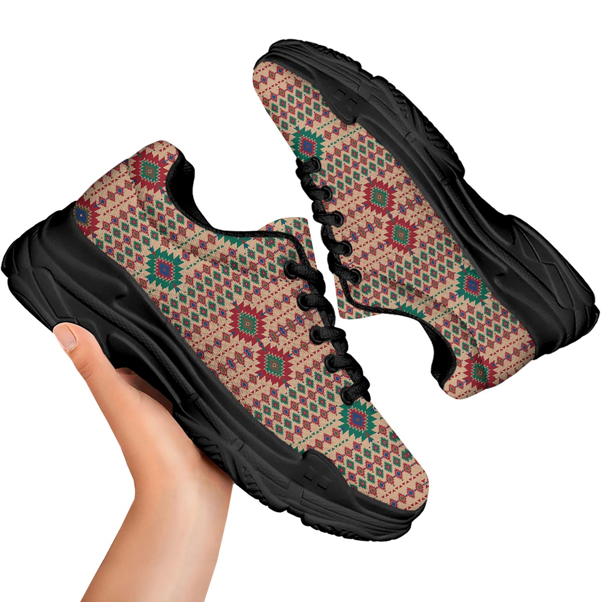 Southwestern Beige And Red Print Pattern Black Chunky Shoes-grizzshop