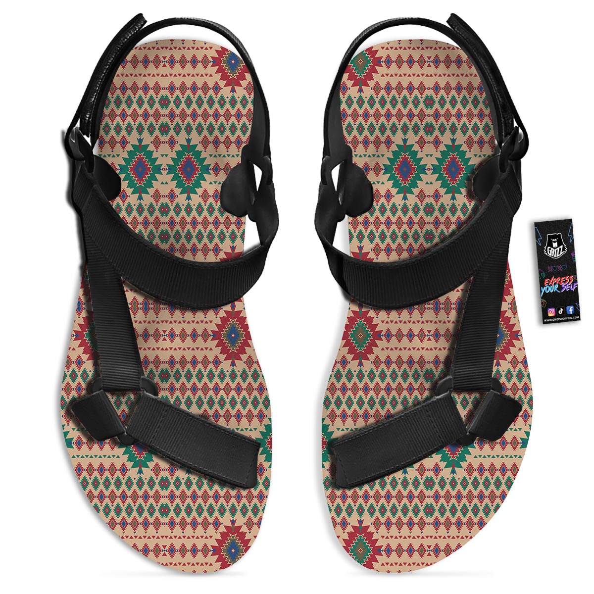 Southwestern Beige And Red Print Pattern Black Open Toe Sandals-grizzshop