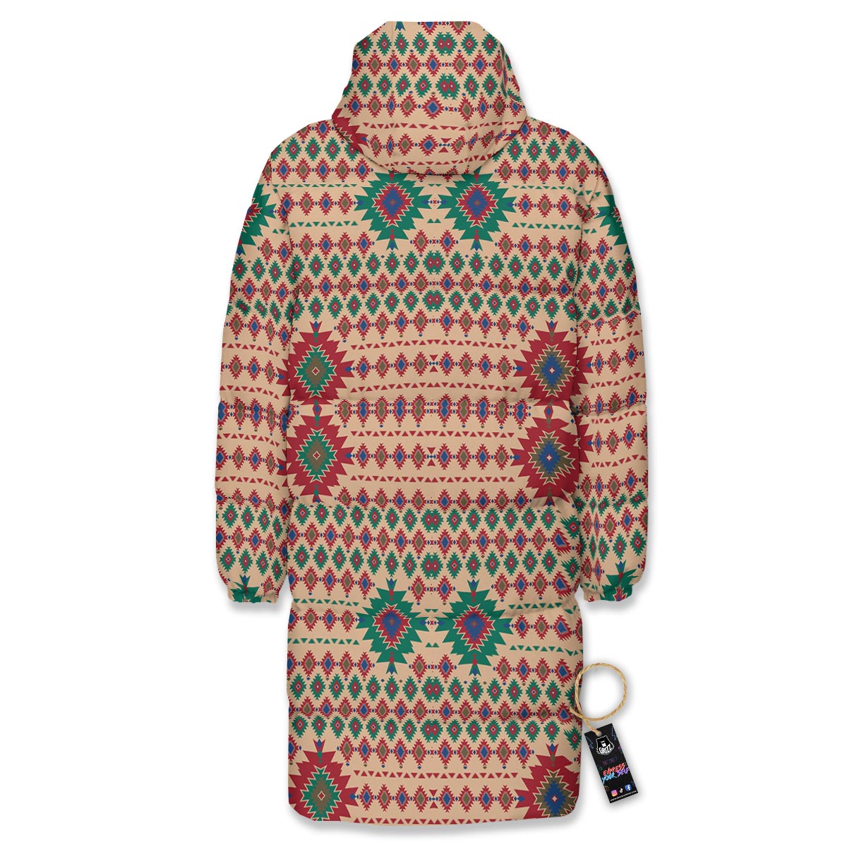 Southwestern Beige And Red Print Pattern Long Down Jacket-grizzshop