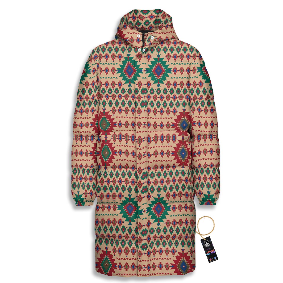 Southwestern Beige And Red Print Pattern Long Down Jacket-grizzshop
