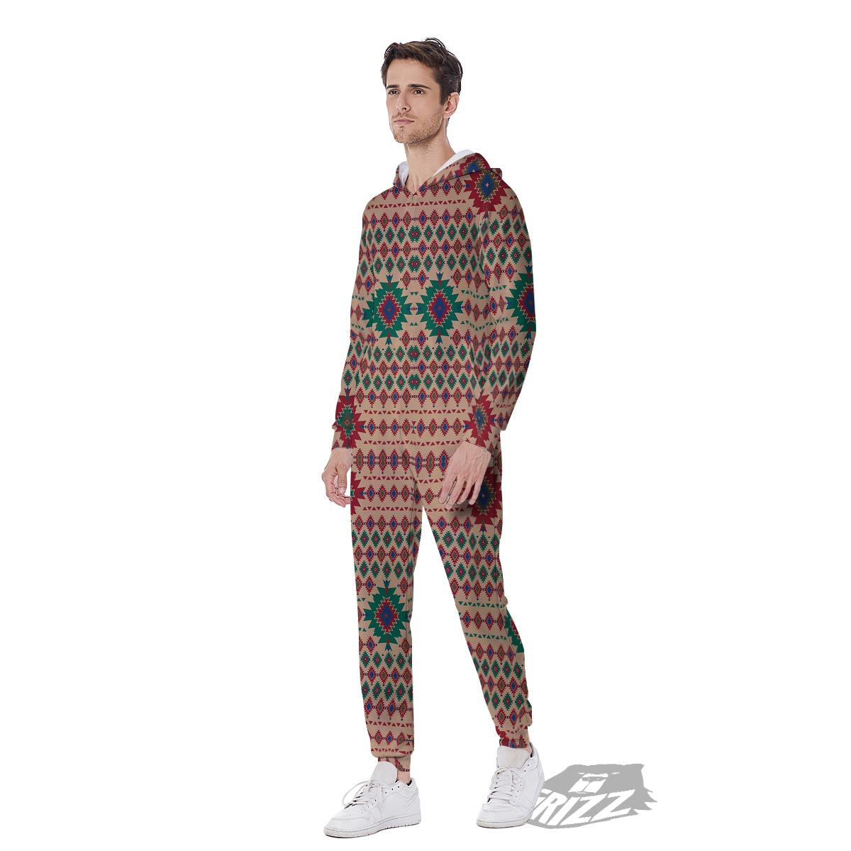 Southwestern Beige And Red Print Pattern Men's Jumpsuit-grizzshop