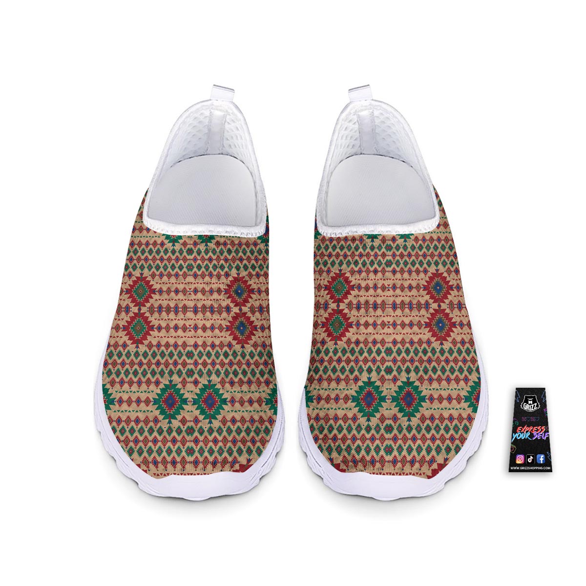 Southwestern Beige And Red Print Pattern Nurse Shoes-grizzshop