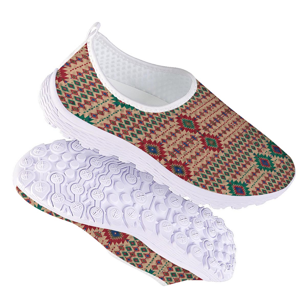 Southwestern Beige And Red Print Pattern Nurse Shoes-grizzshop