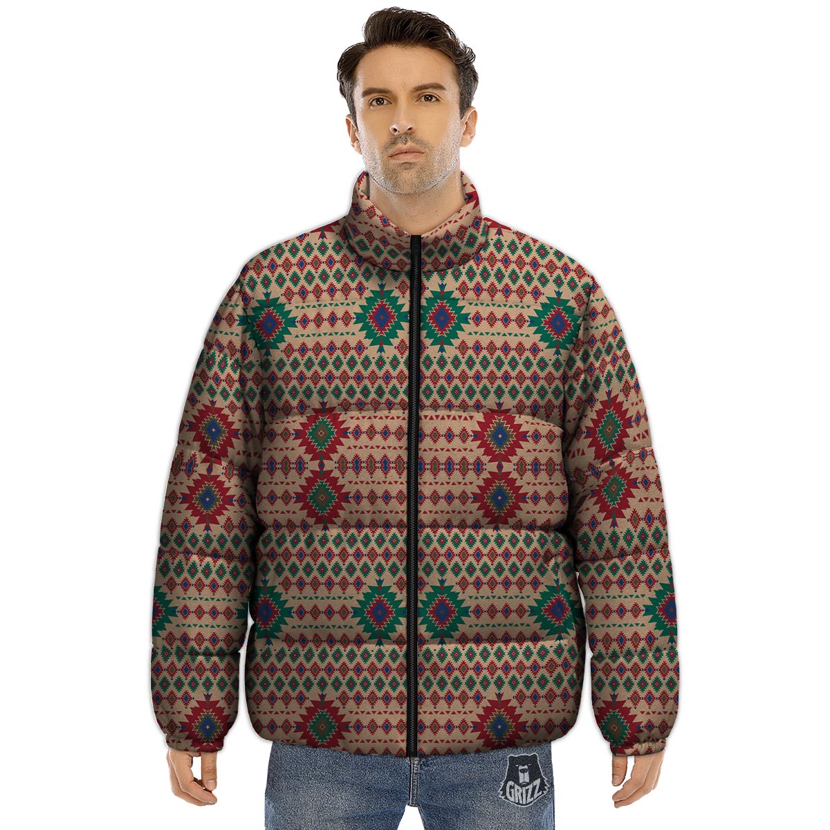 Southwestern Beige And Red Print Pattern Puffer Jacket-grizzshop