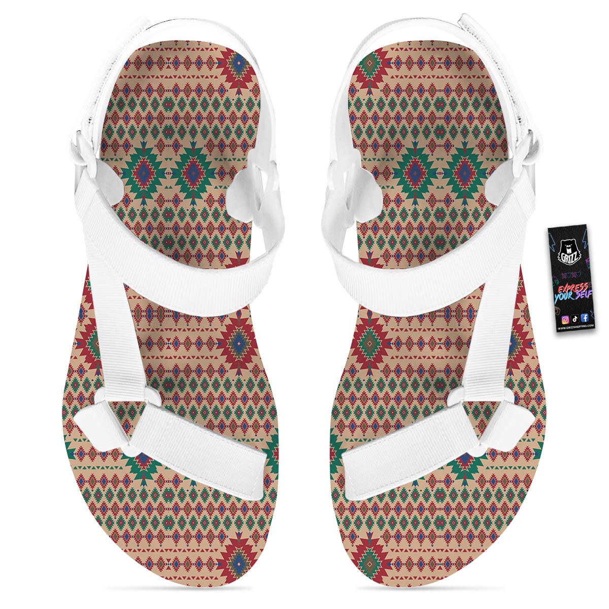 Southwestern Beige And Red Print Pattern White Open Toe Sandals-grizzshop