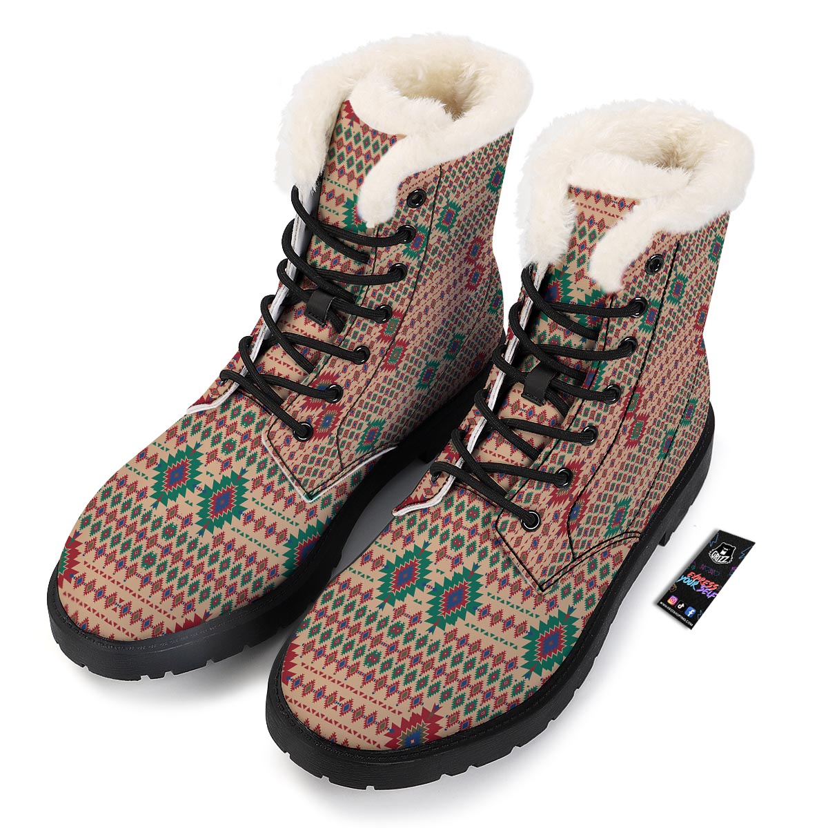 Southwestern Beige And Red Print Pattern Winter Boots-grizzshop