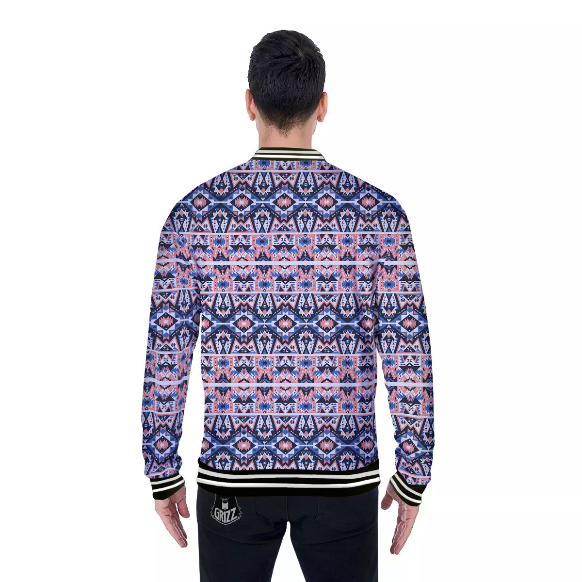 Southwestern Blue And Pink Print Pattern Baseball Jacket-grizzshop