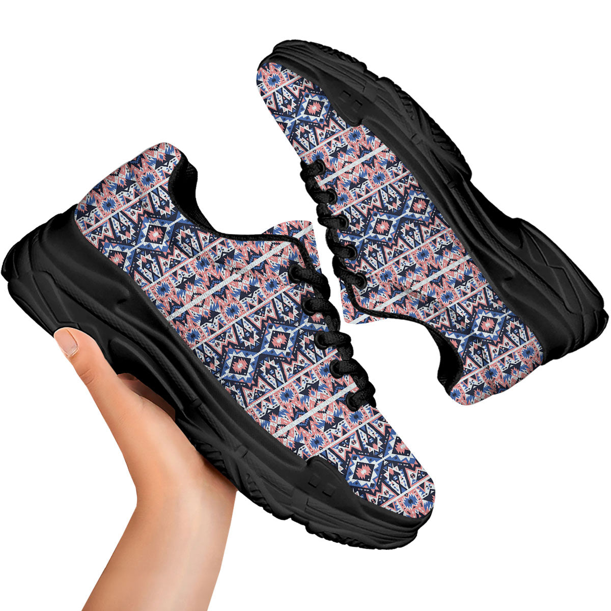 Southwestern Blue And Pink Print Pattern Black Chunky Shoes-grizzshop